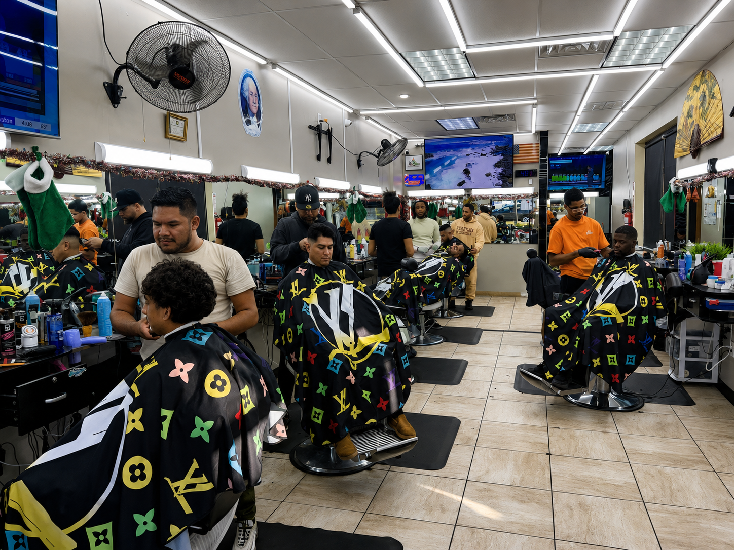Interior de RD Barbershop con barberos trabajando.
